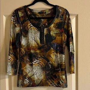 Tricotto Multicolor Abstract Long Sleeve Top with Faux-Leather Trim